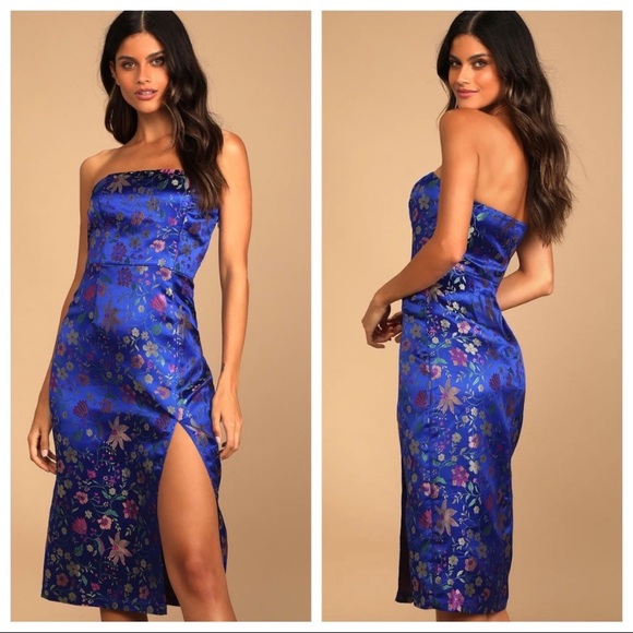 NWOT Lulus Make a Move Blue Satin Floral Jacquard Strapless Midi Dress - Picture 2 of 15